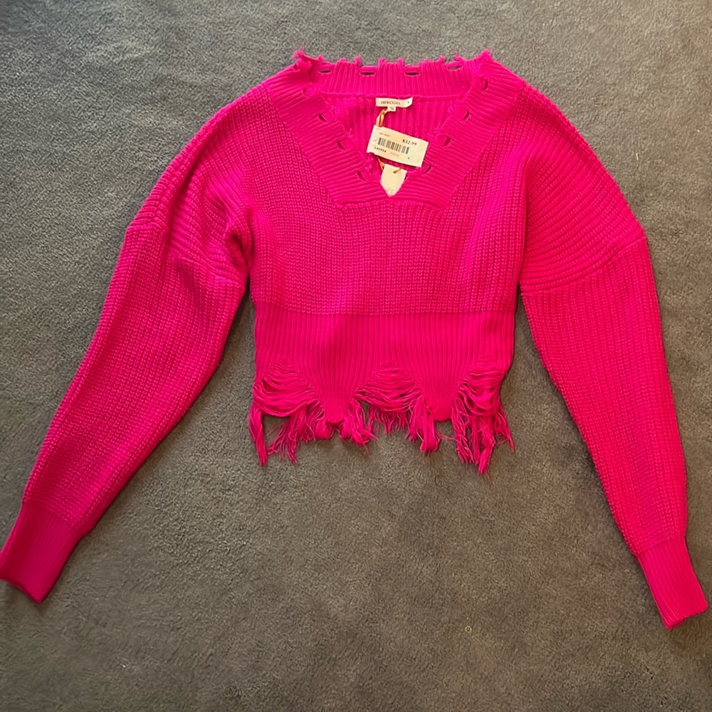 Fuschia cropped ripped slightly oversized sweater